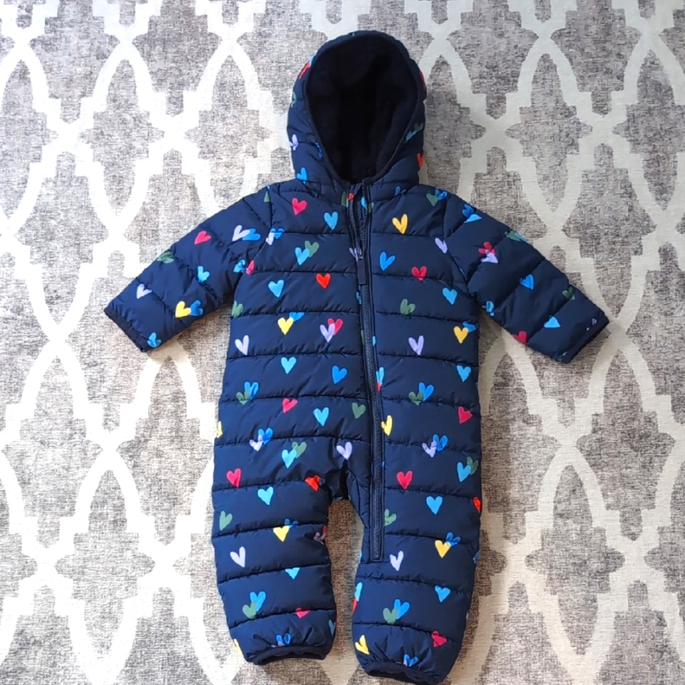 Primary Baby parka puffer suit - Navy Hearts In Size 18-24 Months